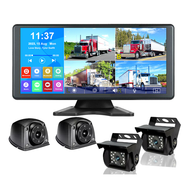 10.36 Inch 4 Channel Split Screen Car MP5 DVR Recorder Monitor Bluetooth With AHD Front Rear Backup Camera for Truck/Trailer/RVs