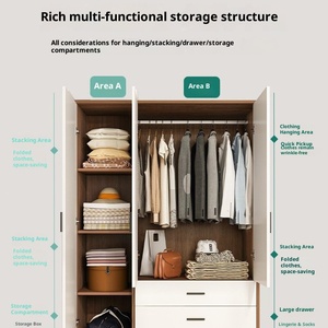 Meubles de chambre à coucher, armoire à double porte sur mesure, trois tiroirs, bambou bicolore, style moderne minimaliste, casiers sur mesure - Product Image 4