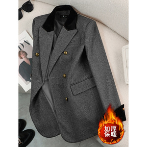 Gray Herringbone Wool Blazer Women's Thick Warm Autumn Winter Coat With Fur Collar Loose Fit Elegant Retro Style - Product Image 1