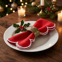 Serviettes en tissu de Noël blanches à bordure festonnée brodée, réutilisables, lavables, rouge, vert foncé, pour la table de dîner des fêtes