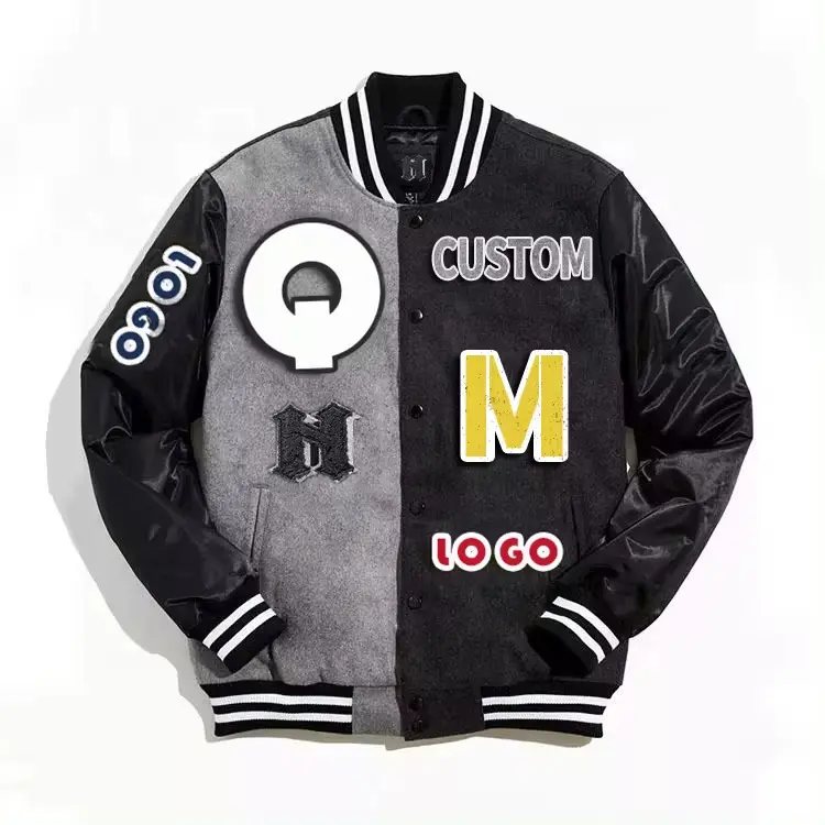 Jaket wol hitam gelap Logo kustom dengan jaket Varsities lengan kulit jaket kuliah Letterman grosir