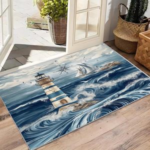 Tapis lavable nautique avec motif boussole <span class=keywords><strong>maritime</strong></span>, vagues océaniques, phare et voilier, pour salon, chambre à coucher, décoration intérieure pour garçons - Product Image 4