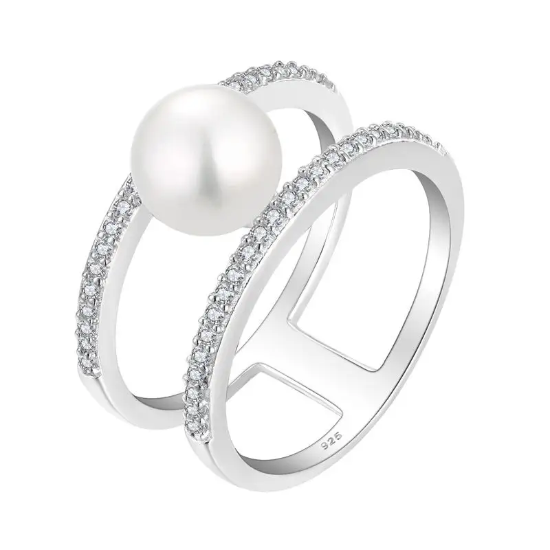 European American Explosions Round Pearl 925 Sterling Silver Small Zircon Jewelry Party Wedding Ring