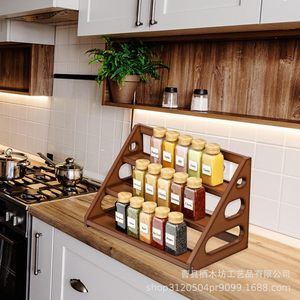 Wooden <b>Spice</b> Rack 3 Tier Storage Organizer For Kitchen <b>Spice</b> <b>Jars</b> With Wooden Lids Retro Color Durable Design - Product Image 2
