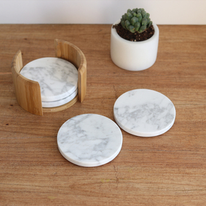 Juego de 4 Posavasos de Bambú, Soporte de Madera para Posavasos, Recuerdo de Boda Navideño, Posavasos de Mármol Blanco para Cerveza - Product Image 2