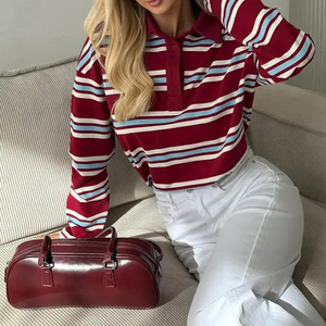 <span class=keywords><strong>Polo</strong></span> en <span class=keywords><strong>coton</strong></span> surdimensionné de haute qualité pour <span class=keywords><strong>femme</strong></span>, à rayures, manches longues, col à revers, demi-boutonnage, pull décontracté en maille - Product Image 4