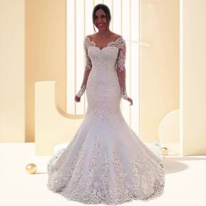 Robes de mariée de luxe en dentelle blanche à sequins, col en V, manches longues, style sirène, coupe brésilienne - Product Image 2