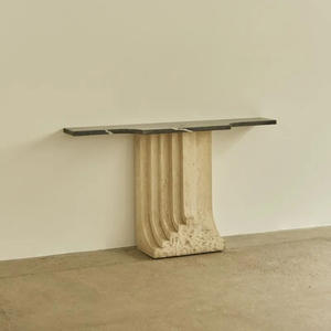 <span class=keywords><strong>Console</strong></span> moderne Wabi-Sabi en travertin et marbre noir – <span class=keywords><strong>Meuble</strong></span> d'entrée de luxe et pièce maîtresse - Product Image 1