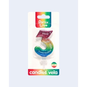 Candela di compleanno Party Love numero 3 multicolore 6 cm per decorazione torta - Product Image 2