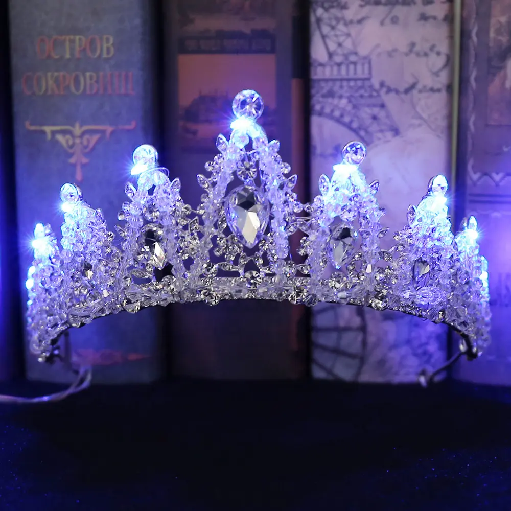 RS150 Hot Selling Bridal Led Crown Strass Shiny Bridal Tiara Voor Bruiloft Haar Sieraden