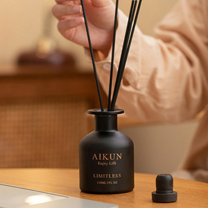 Aikun Small MOQ 3 Day Sample 150ML Matte Black Round Glass Gold Screen Logo Reed <b>Diffuser</b> Gift Set Home Fragrance Set for Seller - Product Image 2