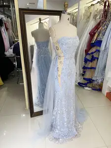 Corsetto azzurro a forma di fidanzatino con paillettes sirenetta con cerniera glitterata a sirena sul retro abito lungo da sera abito da ballo 2025