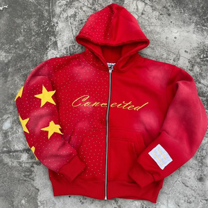 Sweat à capuche zippé en strass, 100% coton de haute qualité, effet délavé et vieilli, style streetwear, coupe oversize, <span class=keywords><strong>noir</strong></span>, personnalisable - Product Image 3