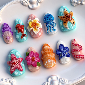 Lot <span class=keywords><strong>de</strong></span> 30 faux ongles press-on faits main, motif floral 3D en relief, coquillage marin, paillettes gelée, pour fêtes et usage quotidien - Product Image 1
