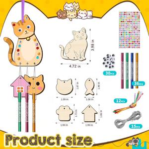 Ensemble de 12 carillons à vent de Pâques en peuplier non fini, motifs patte de chat, <span class=keywords><strong>maison</strong></span>, poisson, à colorier soi-même pour enfants, pour la décoration de la <span class=keywords><strong>maison</strong></span> - Product Image 2