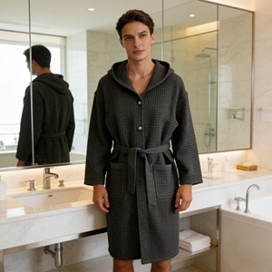 Peignoir <span class=keywords><strong>de</strong></span> <span class=keywords><strong>bain</strong></span> 100% coton A/B, poncho <span class=keywords><strong>de</strong></span> surf à capuche, serviette pour adultes, motif gaufré avec ceinture, doux, <span class=keywords><strong>bonne</strong></span> absorption d'eau, confortable - Product Image 4