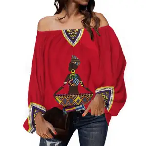 アフリカンダシキプリント女性長袖オフショルダーシャツアフリカ装飾テキスタイルレディシャツファッションブラウス