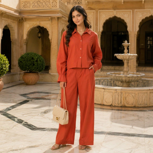 Custom OEM Apparel Women Clothing Premium Cotton Fabric Two Piece <b>Set</b> Long Sleeve Shirt High Waist Pants Co-ord <b>Set</b> - Product Image 1