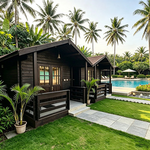 Cabaña Prefabricada de Madera Oscura para Resort de Playa, Chalet de Madera con Dormitorio y Baño para Estadía en la <span class=keywords><strong>Costa</strong></span> <span class=keywords><strong>Tropical</strong></span> de Coco - Product Image 1