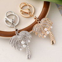 Llavero Creativo de Diamantes con Diseño de Palmera Tropical, Colgante de Moda con Perlas para Bolso, Llavero Metálico para Coche, Regalo de Recuerdo