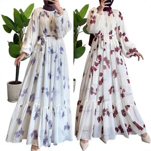 Muslim Summer Prayer Women's Fashionable Elegant Resort Middle East Round Neck <b>Abaya</b> Chiffon Floral with Belt Maxi Dress - Product Image 1