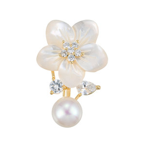 Flower Brooch Mother Of Pearl With Zircon And Freshwater Pearl For Women Party Jewelry Copper Alloy Claw Setting - Product Image 5