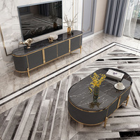 Vente en gros de modules TV modernes, ensemble meuble TV avec dessus en marbre et table basse, meubles de salon, 1 jeu de panneaux en bois doré en acier inoxydable