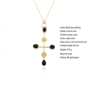 Cross Pendant Necklace Black Onyx Oval & Pear Gemstone 18k Gold Plated Brass Minimalist Religious Jewelry Necklace For Unisex - Product Image 1