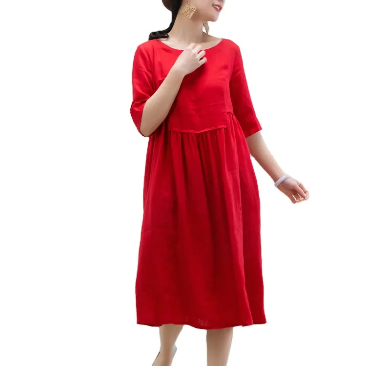 Đầm Vải Lanh Ngắn Tay Cho Nữ Đầm Vải Lanh Đỏ Tự Nhiên