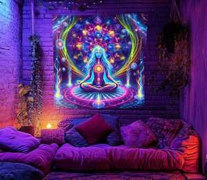Tapisserie murale personnalisée réactive aux UV (lumière noire) pour yoga, méditation, zen, style <span class=keywords><strong>hippie</strong></span>, mandala, bohème, spirituel, bannière suspendue - Product Image 6