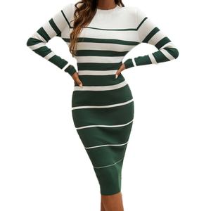 Robes en tricot à manches longues pour femmes, personnalisées en gros, OEM, de haute qualité, pour l'automne et l'hiver, élégantes, ajustées, avec contraste de couleurs - Product Image 3