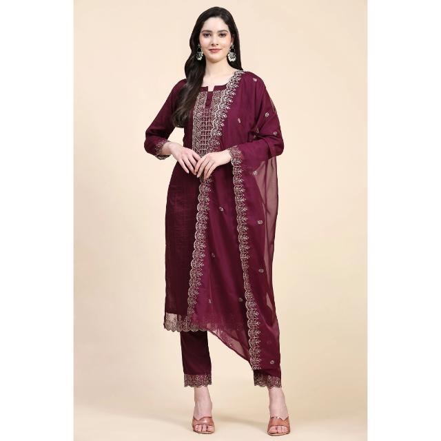 TRENDMALLS Kurta Set Jam Cotton Embroidery Kurta Pant Suit Set For Women, Violett, X-Small