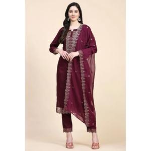 Trendmalls Classique Femmes Ethnique Coton Broderie Salwar Costume Ensemble Kurta Pantalon avec Dupatta (G148-Purple) - Product Image 1