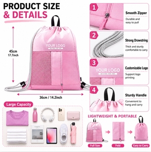 Wholesale Custom Logo <b>Drawstring</b> Gym <b>Bag</b> Bulk Promotional Mesh Zipper Pocket Cinch Backpack Lightweight Sport Outdoor Polyester - Product Image 2