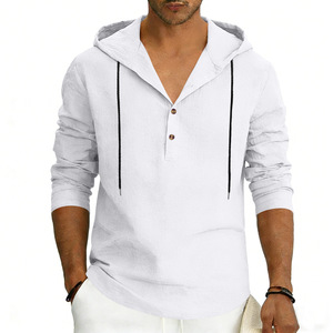 Chemise en coton et lin pour homme, nouvelle collection printemps, à capuche, manches longues, boutonnée, ornée de perles, couleur unie, polyvalente - Product Image 2