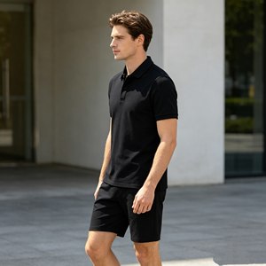 Ensemble polo piqué 300 g/m² pour homme, logo personnalisé, ensemble short décontracté noir pour homme, ensemble vêtements décontractés d'été pour homme - Product Image 5