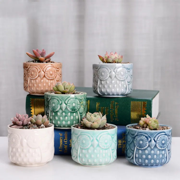 Macetas de Cactus suculentas de cerámica, búho pequeño colorido Retro de interior, decoración de habitación personalizada