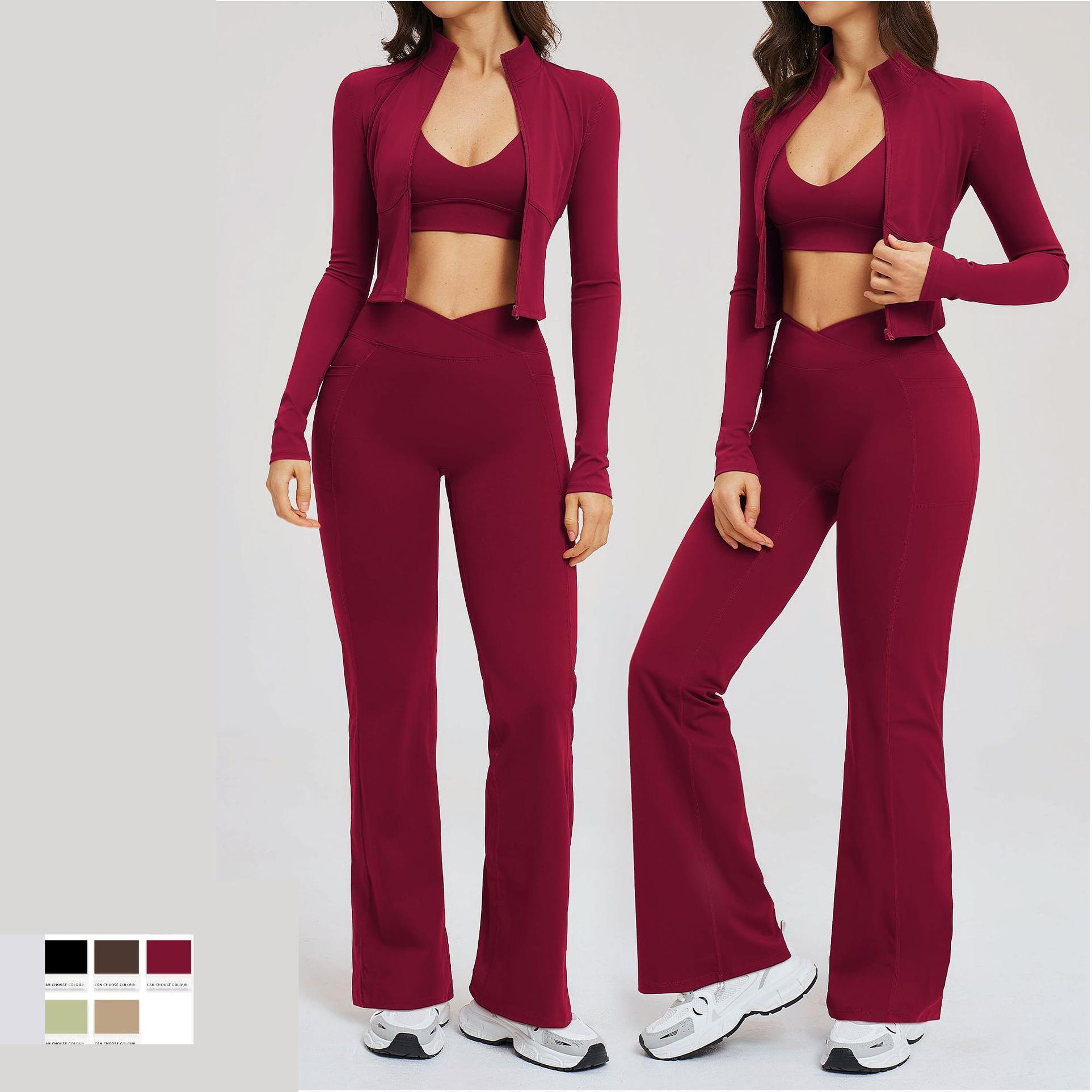 Women's Solid 3-Piece Sculpt Utility Yoga Gym Set Lightweight Four-Way Stretch Eco-Friendly Full Length High Waist Fitness Wear
