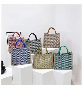 Promotional Fashion Versatile Jute Canvas Ethnic Pattern Welcome Gift Event Reusable Tote Bag Handmade Brand Jute Bags