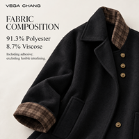 Veste longue en tissu imitation laine noire à revers pour femme VEGA CHANG, doublure à carreaux, poignets contrastés, grandes poches latérales, manteau d'hiver