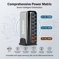 Station de charge rapide multi-ports 8 ports PD QC USB C USB A 500W GaN3 pour ordinateur portable