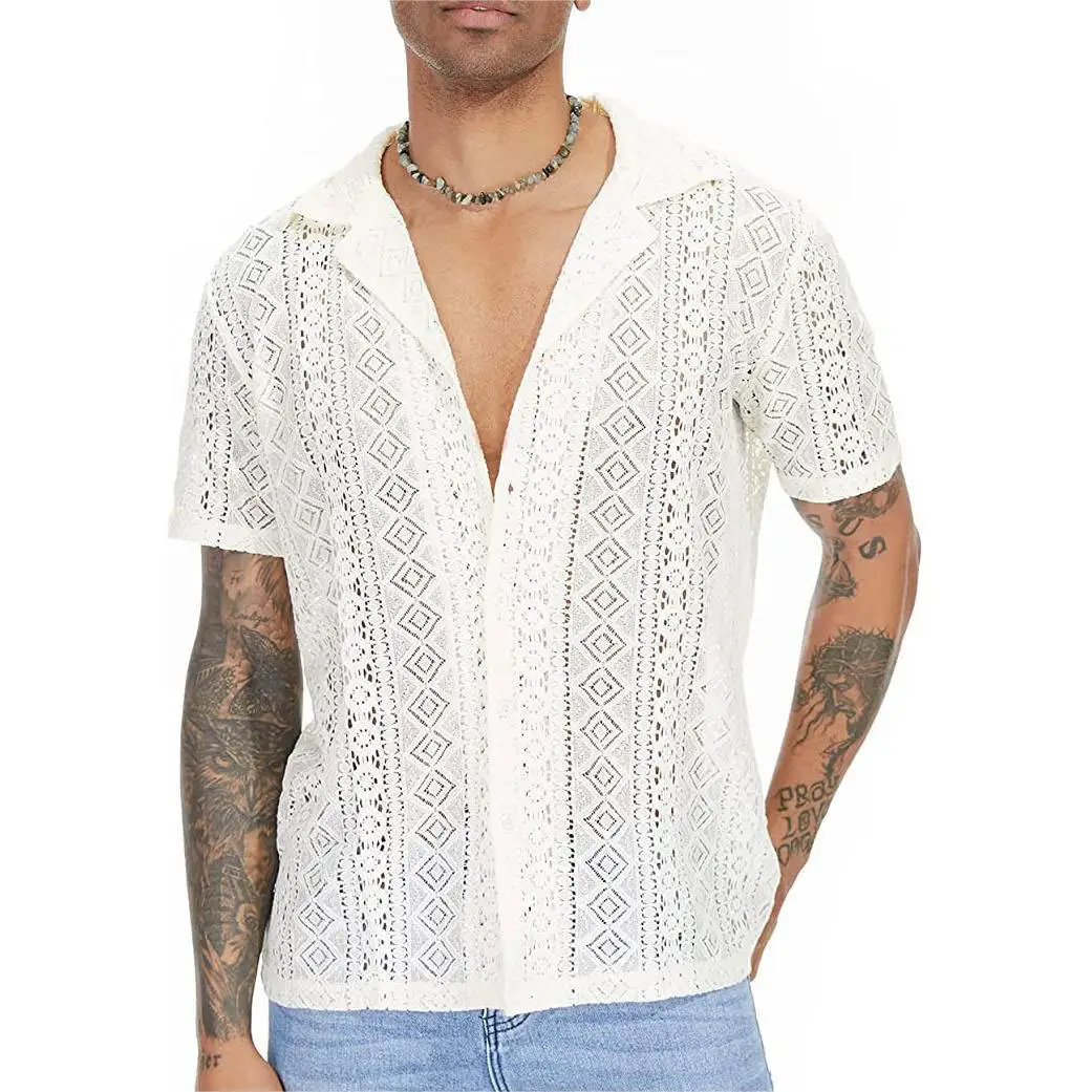 Pot-Camisa de manga corta para hombre, camisa informal holgada de encaje a la moda para verano