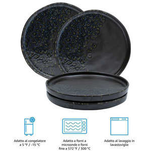 Ensemble de 6 assiettes profondes en porcelaine noire avec détails bleus et dorés, diamètre 18 cm, bord de 4,5 cm, idéal pour les soupes - Product Image 3