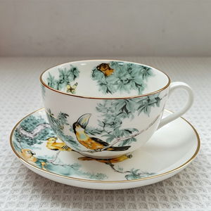 Fine Bone China Coffee <b>Cup</b> <b>Set</b> With Tropical Jungle Print And Gold Rim 2 Pieces Elegant Tableware - Product Image 5