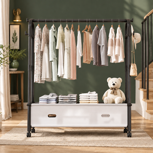 Porte-vêtements autoportant en forme de A de 125 cm avec boîte de rangement anti-poussière sur roulettes et crochets pour chambre à coucher - Product Image 1