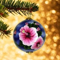 Ornement de Noël Hibiscus rose, boule peinte à la main avec fleur tropicale