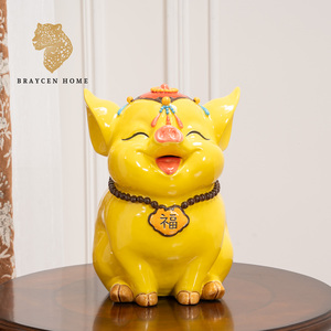 Ornement de bureau, figurine cochon porte-bonheur, décor en céramique polychrome pour la maison, le bureau, le meuble TV, la chambre à coucher, la salle d'étude, l'intérieur - Product Image 1