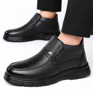 Bottes d'hiver pour hommes en cuir de vachette noir, doublées de polaire, bout rond, semelle épaisse, chaussures pour adultes - Product Image 3