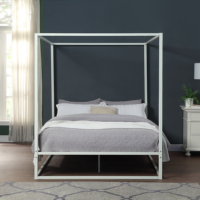 Lit à baldaquin moderne en métal blanc avec design à quatre poteaux, lit plateforme robuste pour chambre principale