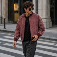 Blouson Bomber Homme Personnalisé Rétro Bordeaux Délavé Coton Lourd Style Baseball Streetwear Coupe Oversize